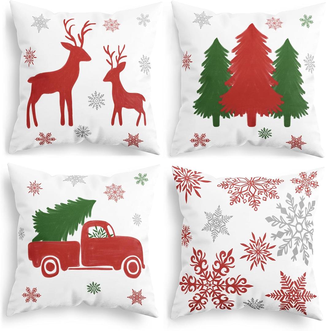 CaliTime Christmas Throw Pillow Covers Decorative 18 X 18 Inches Set of 4 Cozy Fleece Trees Deers Car Snowflakes Cushion Cases for Couch Sofa Bed Living Room Farmhouse Christmas Red Green