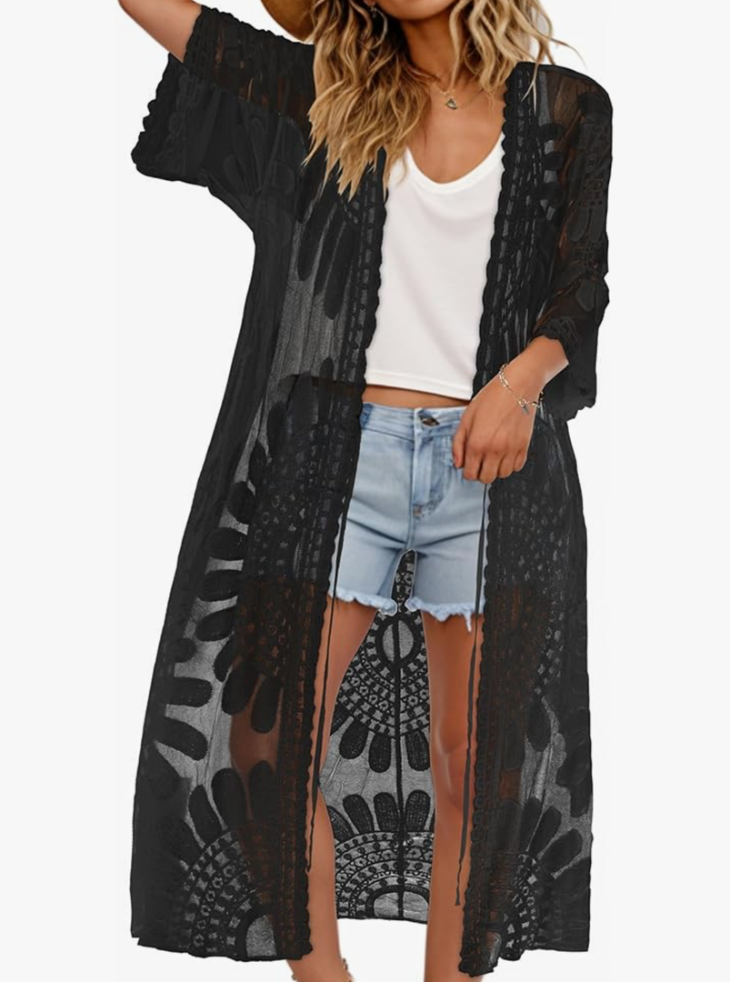 Womens Swimsuit Coverup Lace Bathing Suit Cover Up Beach Kimonos Long Cardigan Open Front Swimwear Black One Size