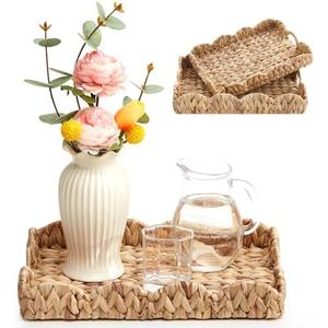 Havawish 2 Pcs Scalloped Edge Rattan Tray Scalloped Wicker Basket for Decoration Serving Tray with Handles Rattan Decorative Scallop Baskets for Table Decor, 2 Sizes