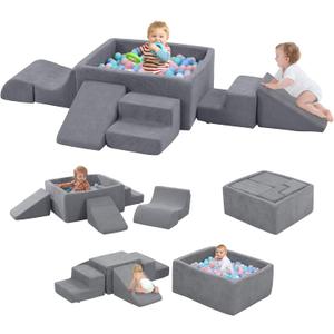 Foam Climbing Toys for Toddlers with Large Ball Pit, Foam Climbing Blocks, Soft Play Climb and Crawl Activity Playset, Toddler Play Crawling Climbing Sliding Indoor (Excluding Balls) (Grey)
