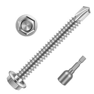 MewuDecor #14 x 4 Hex Washer Head Self Drilling Sheet Metal Screws with Drill Point, Stainless Steel 410, 20 PCS (Silver)