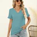 TICTICMIMI Women's V Neck Ruffle Short Sleeve Tops Summer Casual T Shirts (Blue, XL)