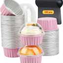 LNYZQUS 5oz Cupcake Pans with Dome Lids 100 Pack, Aluminum Foil Small Cake Baking Tin,Disposable Ramekins Cupcake Baking Cups Containers,Mini Pie Pans Muffin Tins Jumbo Cupcake Liners-Pink