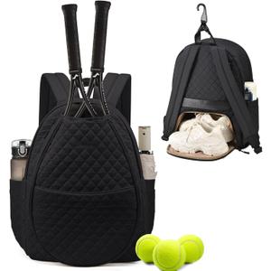 Sucipi Tennis Bags for Women, Quilted Tennis Racket Bag Backpack for Tennis Racquet, Pickleball Paddles, Badminton (Large with Shoe Compartment, Black)