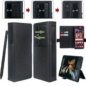 for Galaxy Z Fold 6 Case with S Pen Holder, Genuine Leather Wallet Case Built in Slide Camera Cover, Card Slot, Kickstand, Hinge Protection Phone Cover for Samsung Galaxy Z Fold6 (Black)