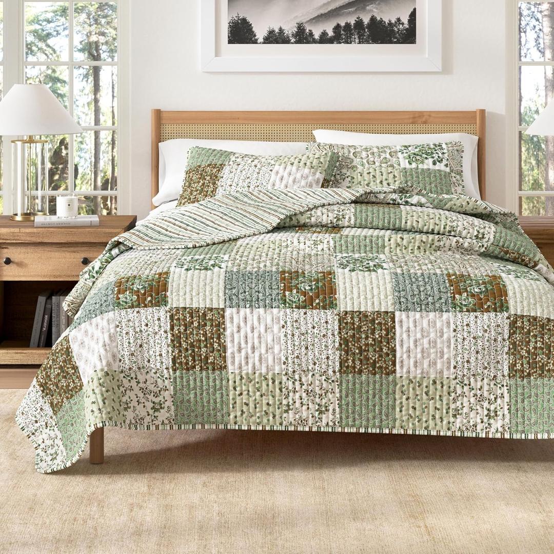 Great Bay Home Lodge Quilt Set - 3-Piece King/California King Size Rustic Bedding Set - Lightweight, All-Season, Reversible Bedspread (Floral Grid - Brown)