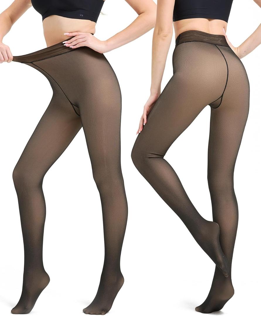 Women Thermal Fleece Lined Tights One Seam Line Crotch Warm Fake Translucent Leggings High Waist Pantyhose for Winter