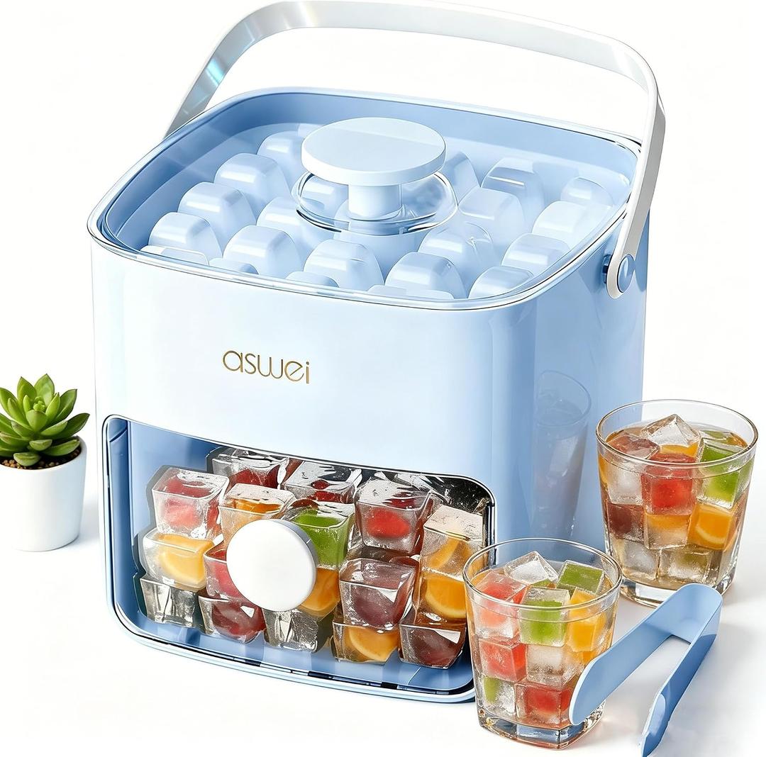 Ice Cube Tray with Lid and Bin, Pack Stackable Ice Tray with Bin and Scoop, BPA-Free Plastic Ice Cube Trays for Freezer with Lid, Chilling Whiskey, Coffee, Cocktail (Blue)
