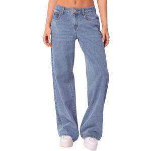 NIMIN Womens Mid Waist Boyfriend Jeans Summer Casual Lounge Loose Straight Wide Leg Y2K Pants with Pockets (Blue, S)