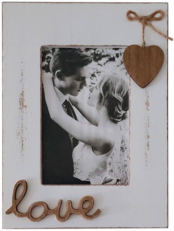 4x6 Wood Picture Frames White for Love with Heart-Table Top and Wall Mounting Photo Frames Distressed for Wedding