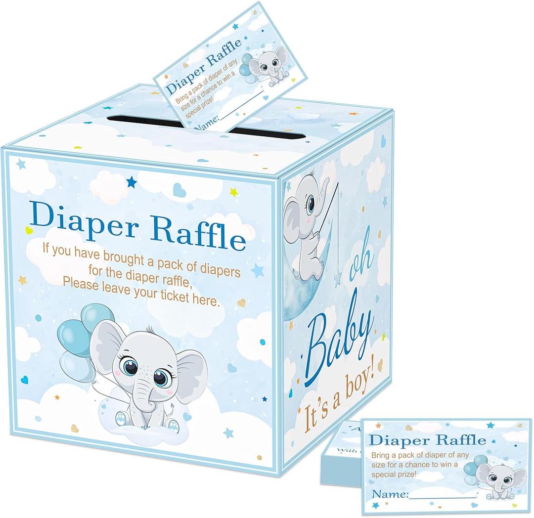 6 x QISOLIY 50 Pieces Diaper Raffle Tickets with Box Baby Shower Game Invitations Diaper Raffle Cards Diaper Raffle Box Set for Baby Shower Gender Reveal Party Supplies Card Box (Baby Elephant)