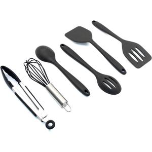 Mini Silicone Kitchen Utensils Set 6-Piece Black, Space-Saving Cooking Tools, Kid-Safe Cookware, Travel, Small Kitchen Utensil Set for Camping & RV