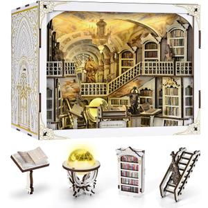 DIY Book Nook Kit, DIY Miniature Dollhouse Booknook Kit, 3D Wooden Puzzle Bookend Bookshelf Insert Decor with LED Light for Adults (Library of Gods Max)