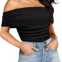 SAUNGKUAI Women's Short Sleeve Bodysuit Off the Shoulder Mesh Ruched One Piece Body Suits Summer Outfits (XX-Large, Black)