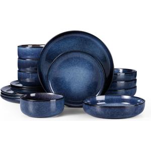 Herogo Dinnerware Sets with Pasta Bowls for 4, 16 Piece Dinner Salad Plates and Cereal Serving Bowls, Stoneware Dishes Dinner Ware for Home Kitchen, Dishwasher & Microwave Safe, Starry Blue