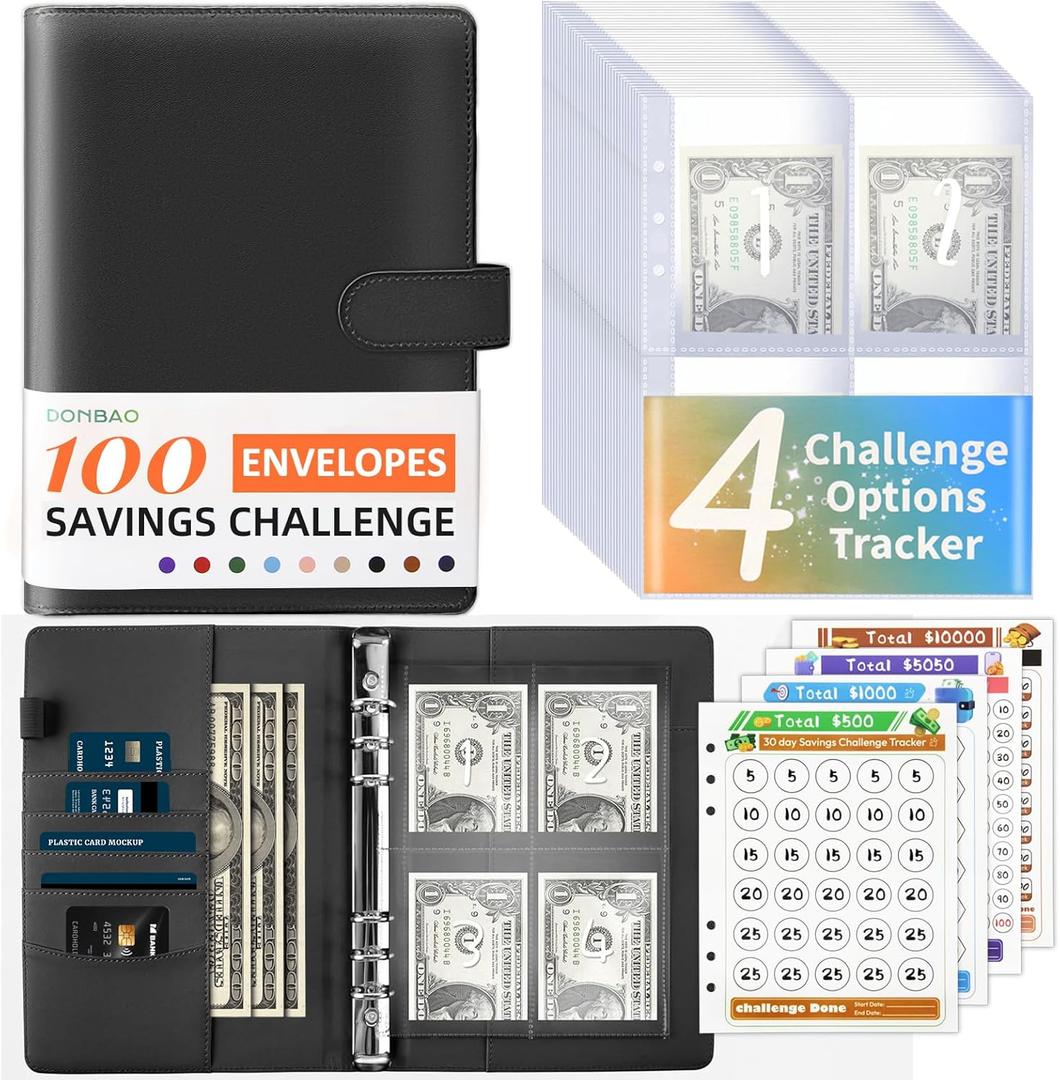 100 Envelopes Money Saving Challenge Binder, A5 Budget Binder with Envelopes and Challenge Tracker, Savings Challenges Planner Book to Save $500, $1000, $5050, $10000 (Pure Black)