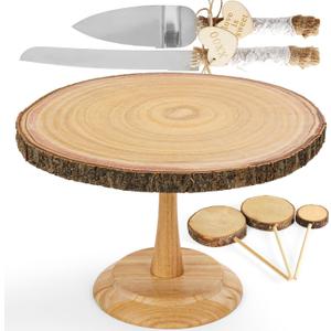 Wood Cake Stand- /w Wooden Slice Cake Topper and Cake Cutting Set, 12 Rustic Wedding Cake Stand, Wooden Cake Stand for Wedding Receptions or Any Special Events