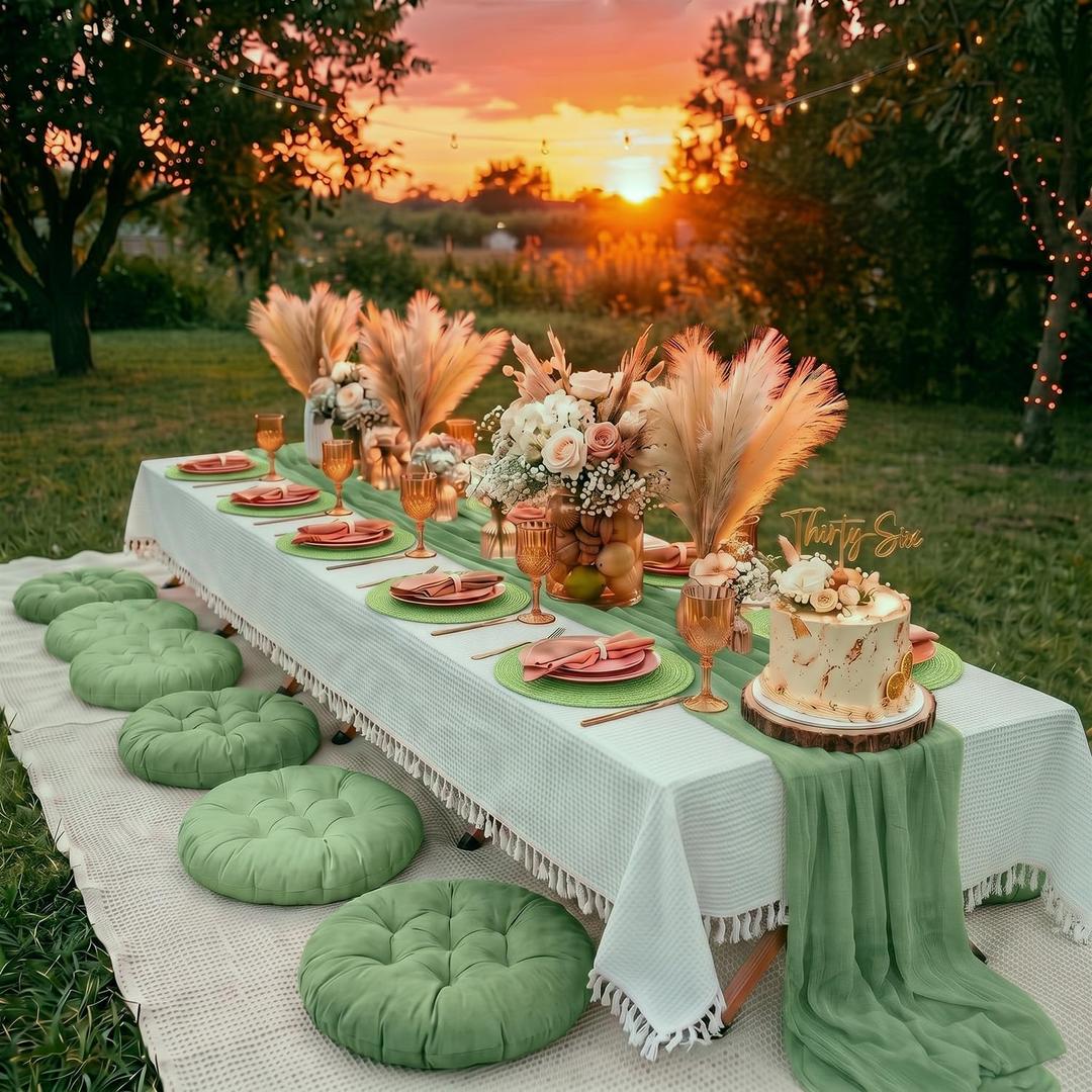 Sintuff Boho Picnic Kit for 6, Portable Folding Low Picnic Table 58.26'' x 23.03'' with Sage Green Table Runner, Picnic's Blanket, 6 Floor Pillows, Tablecloth & Placemats for Beach Camping Wedding