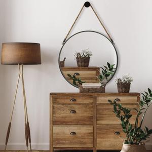 POZINO Round Hanging Mirror, Circle Wall Mirror with Rope, 20 Inch Farmhouse Mirrors for Bathroom Bedroom Living Room Entryway Home Decor, Grey