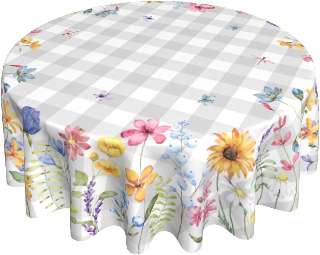 Giwawa Spring Floral Tablecloth Round 60 Inch Watercolor Summer Flower Table Cover with Grey Buffalo Plaids Wildflower Butterfly Table Cloth Polyester Heat Resistance for Kitchen Dining Camping Decor
