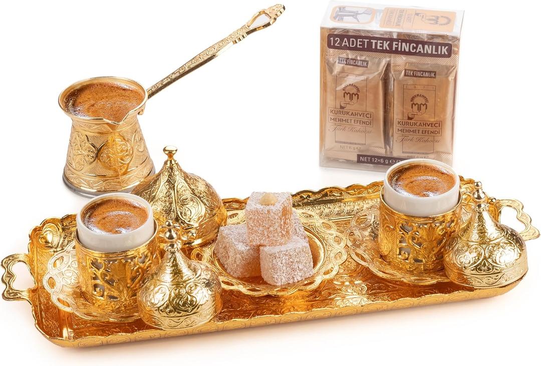Alisveristime Premium Turkish Coffee Set - 12-Person Turkish Coffee, Cezve, 2-Person Cups, Delight Bowl, and Tray (Gold)
