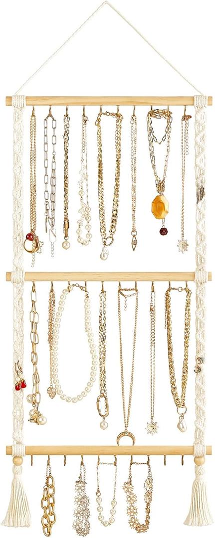Dahey Hanging Jewelry Organizer Macrame Necklace Holder with 30 Hooks Wall Mounted Jewelry Hanger Over Door Necklace Rack with Tassel for Necklace Bracelet Earring Headband Bow Organizer