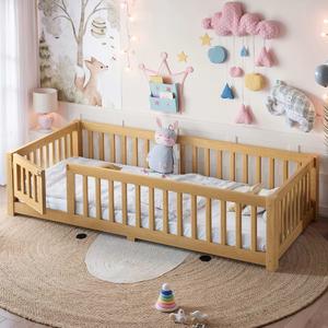 roomfitters Twin Size Wooden Floor Bed Frame with Safety Guardrails Door, Solid Wood Low Profile Toddler Play Bed, Natural