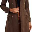 Long Faux Suede Jacket Women Fall Winter Trench Coat with Pockets Belt Double Breasted Pea Coat Overcoat, Dark Coffee XL