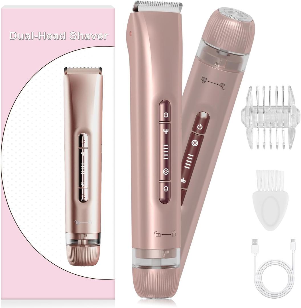 Bikini Trimmer for Women - 2025 New 2-in-1 Dual-Head Electric ShaverRechargeable Professional Painless Electric Razors, IPX7 Waterproof Body Hair Trimmer & Facial Hair Remover for Wet & Dry (Gold Rose)
