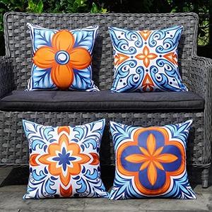 ONWAY Outdoor Pillow Covers Waterproof Set of 4 Floral Boho Decorative Throw Cushion Cover Farmhouse Pillows for Bench, Couch, Sunbrella and Patio Furniture (BlueOrange, 18x18 Inch)