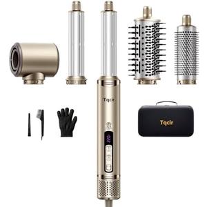 Tqcir 5-in-1 Professional Hot Air Styler, Powerful Multi-Styler with Auto-Wrap Curlers, Fast Drying Curling Straightening Volumizing Without Heat Damage, Storage Case for Girl/Women(Gold)