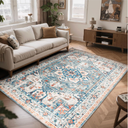 Boho Area Rugs 5x7 Washable Non-Slip, 5 by 7 Low-Pile Retro Vintage Oriental Inspired Persian Style Bohemian Rug with Rubber Backing,Blue Carpet for Living Room,Bedroom,Dining Room Under Table,Office
