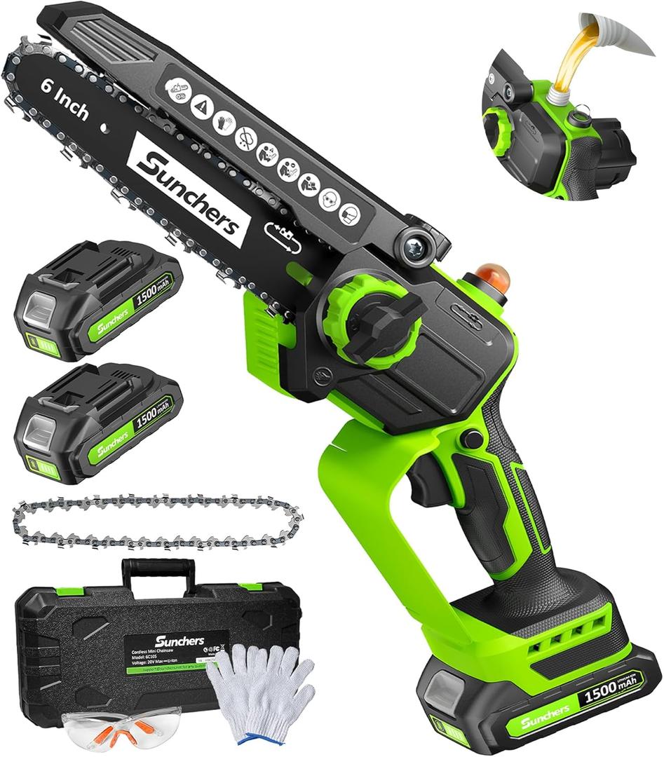 Mini Chainsaw Cordless, 6 Inch Electric Chainsaw with 2 Battery, Handheld Battery Powered Chain Saw with Auto Oiler, Garden Tools Saw for Wood Cutting Tree Cutter, Holiday Gifts for Men, Dad, Husband (Green)