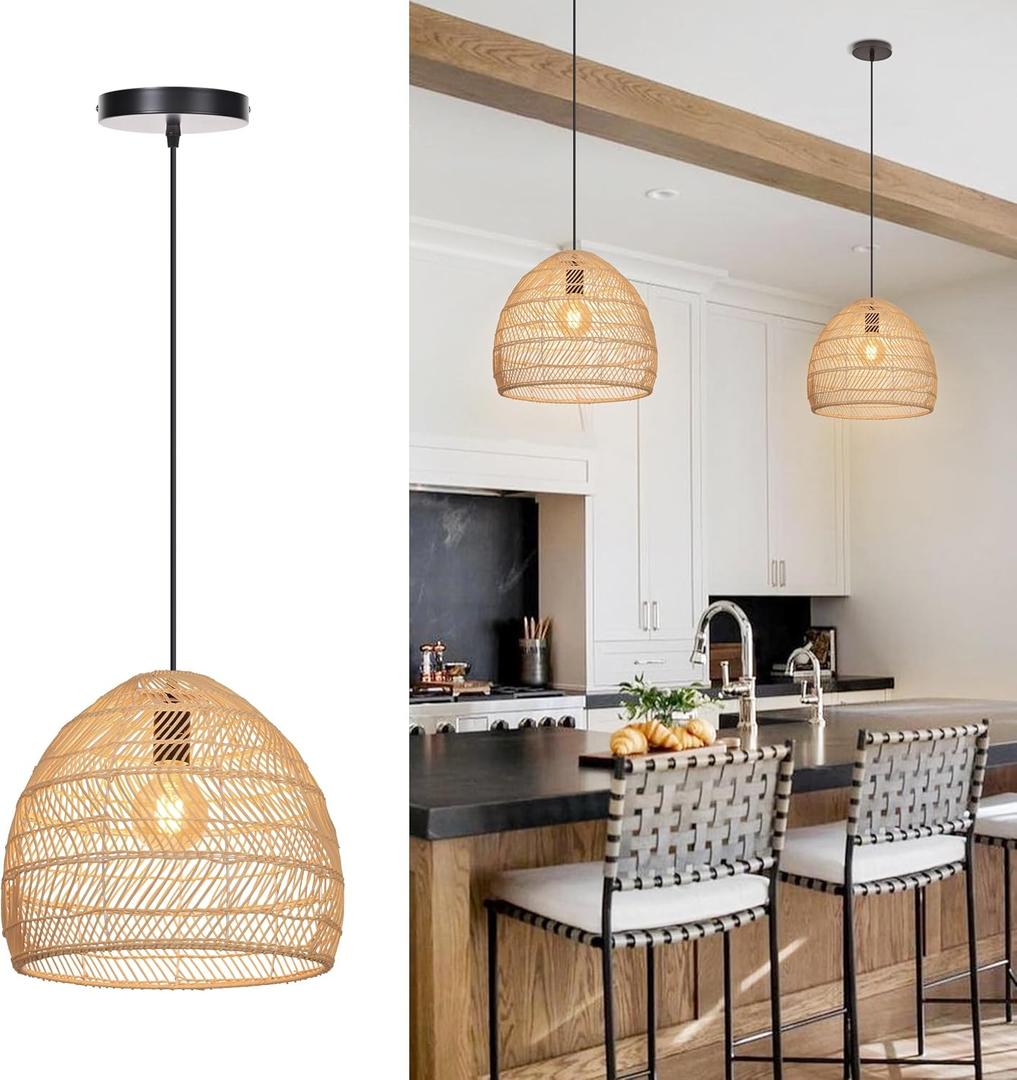 11.8" Small Boho Rattan Chandelier Light Fixture, Hand Woven Pendant Lights Kitchen Island Wicker Farmhouse Rustic Hanging Lamp for Dining Room, Bedroom, Living Room, Entryway, Foyer