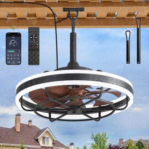 LEDIARY 20" Outdoor Ceiling Fans with Light, IP65 Waterproof Gazebo Fan with Hanging Hook, App Control for 3CCT Dimmable, Caged Plug in Ceiling Fan with Hanging Hook for Patio, Porch, Pergola