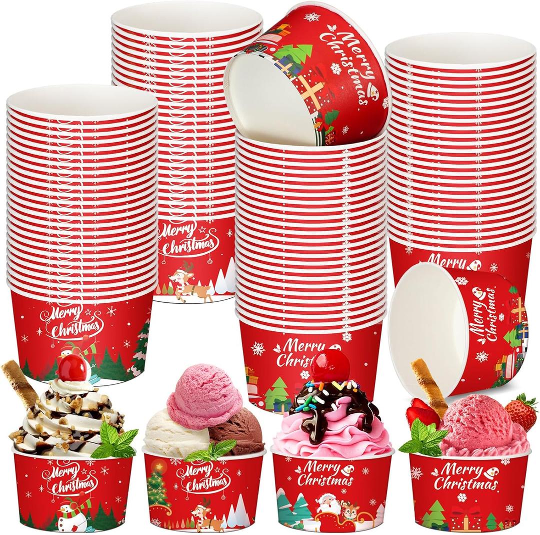 Domensi 100 Pcs Christmas Treat Snack Cups 12 oz Xmas Themed Paper Treat Food Disposable Bowls Holiday Ice Cream Snack Bowls for Parties Merry Christmas Paper Dessert Cups (Classic)