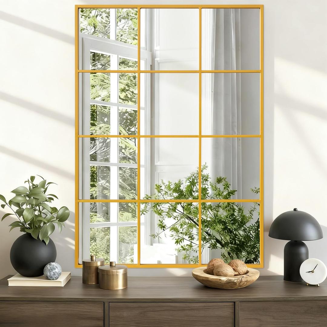 Window Mirrors for Wall Decor, Wall Mirror Decorative Window Pane 26"x18", Rectangular Metal Framed Wall Mounted Mirrors for Bedroom, Living Room, Entryway, Bathroom, Fireplace Gold