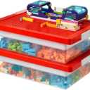 Toys Storage Organizer Box for Lego, Toy Box with Building Plate Lid and Removable Tray, Building Block Storage, Stackable Plastic Organizer Bins (LGB2-RR)