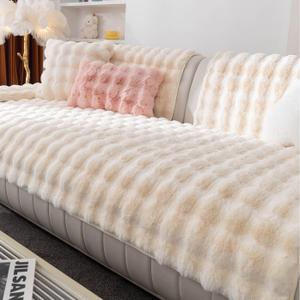 Faux Fur Couch Cover, Soft Warm Plush Sofa Couch Cover, Non Slip Sectional Sofa Slipcovers, Washable Furniture Protector for Kids, Dogs, L Shaped Armrest Backrest Cover(Beige White, 28"x 28")