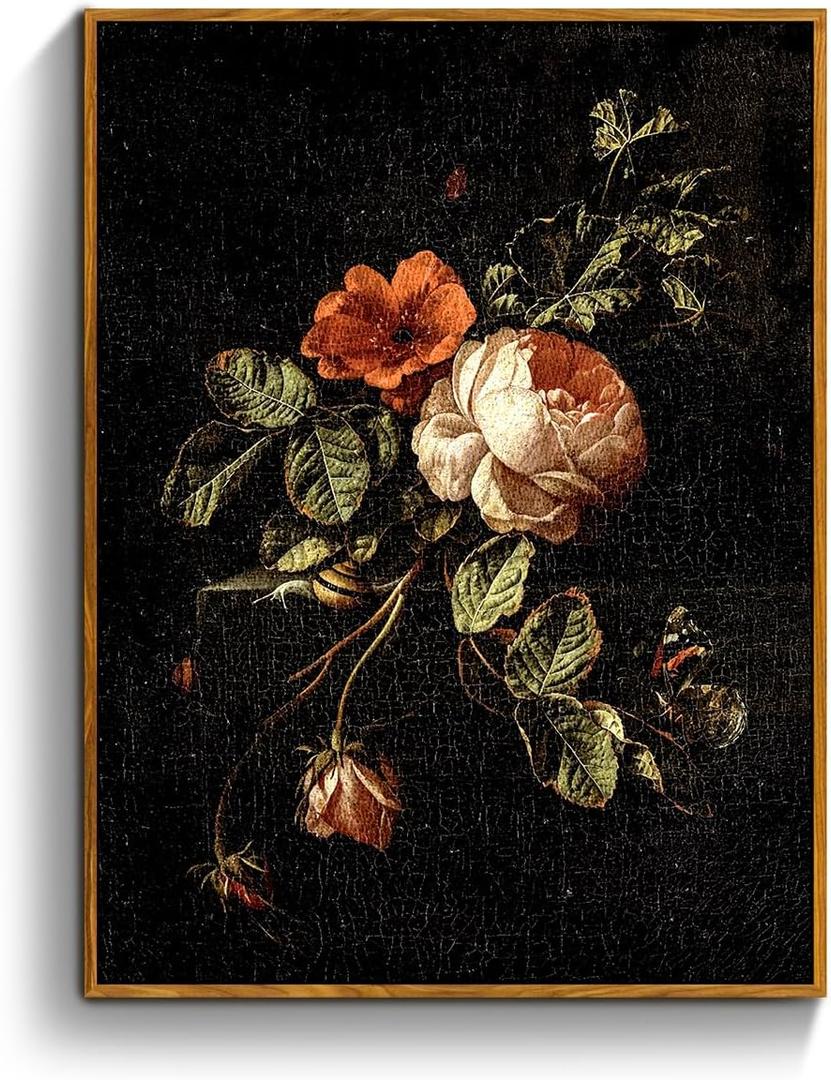 crmotu Vintage Framed Wall Art, Botanical Floral Canvas Art Prints, Still Life Rose Rustic Farmhouse Decor, Antique Flower Black Wall Pictures for Living Room Bedroom Bathroom Office Artwork 12x16in (Stilleven met rozen)