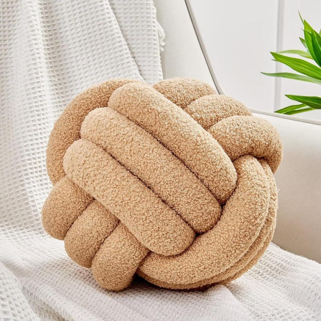 Uvvyui Knot Pillow Ball, Soft Home Decorative Pillows, Round Throw Pillow, Handmade Knotted Plush Pillow, Round Boucle Pillow Cushion (14 Inches Khaki) (Large (Pack of 1))