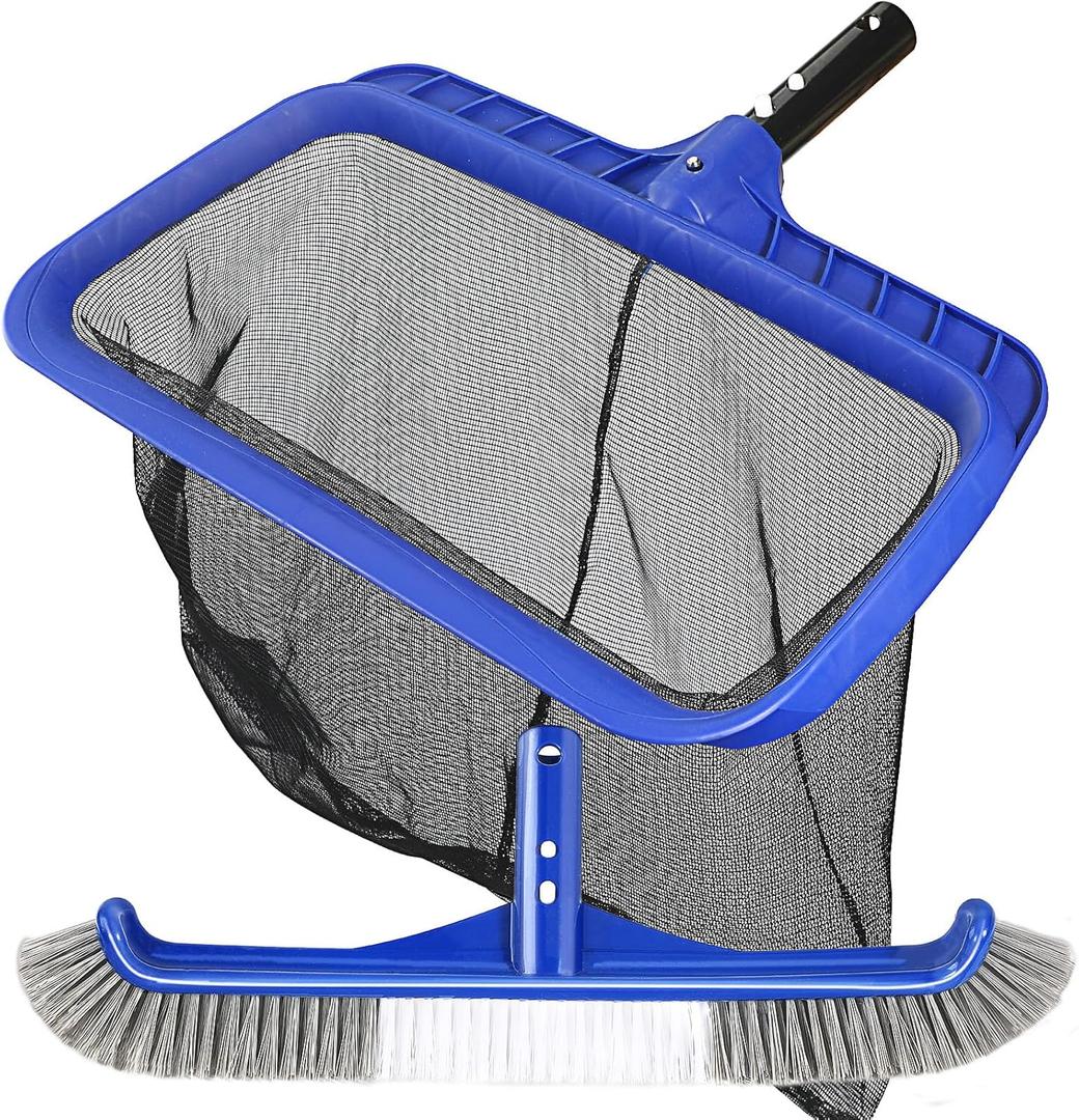 Pool Brush Head & Fine Mesh Pool Skimmer Kit17" Pool Brushes for Cleaning Pool Wall Reinforced Frame Pool Net Leaf Skimmer Cleaning Tool with Deep Fine Nylon Mesh Net Bag for Fast Cleaning