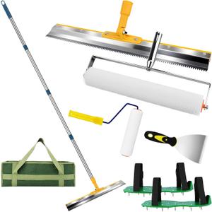 Self Leveling Tool kit, 20 Inch Spiked Roller with Telescopic Handle for Garage, Apartment, Shop, Home, Bathroom, Basement & Commercial Flooring - Includes Spike Shoes, Scraper, Heavy-Duty Canvas Bag