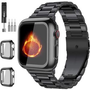 Compatible with Apple Watch Band 49mm 46mm 44mm 45mm 42mm 40mm 38mm 41mm, Stainless Steel iWatch Bands with 2 Pack Tempered Glass Screen Case for Series 10/9 Ultra 2 8/7/6/5/4/3/2/1/SE for Men (Black)