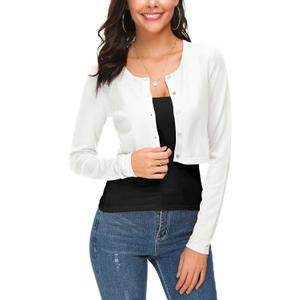 Women's Cropped Knit Cardigan Sweater Long Sleeve Button Down Open Front Bolero Shrug for Spring and Fall (White) S