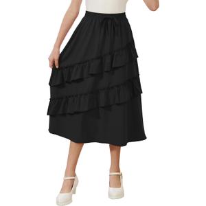 GORLYA Girls Boho Asymmetrical Tiered Ruffle Hem Long Swing Casual Fancy Maxi Skirts 10Y (Black)