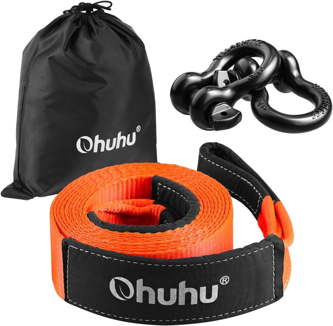 Tow Straps with Shackles, Ohuhu Heavy Duty 3" x 20ft Recovery Strap Kit with Hooks, 31,944 lbs Break Strength, Triple Reinforced Loop & Protective Sleeves, 3/4" D-Ring Shackles for Truck Jeep SUV ATV