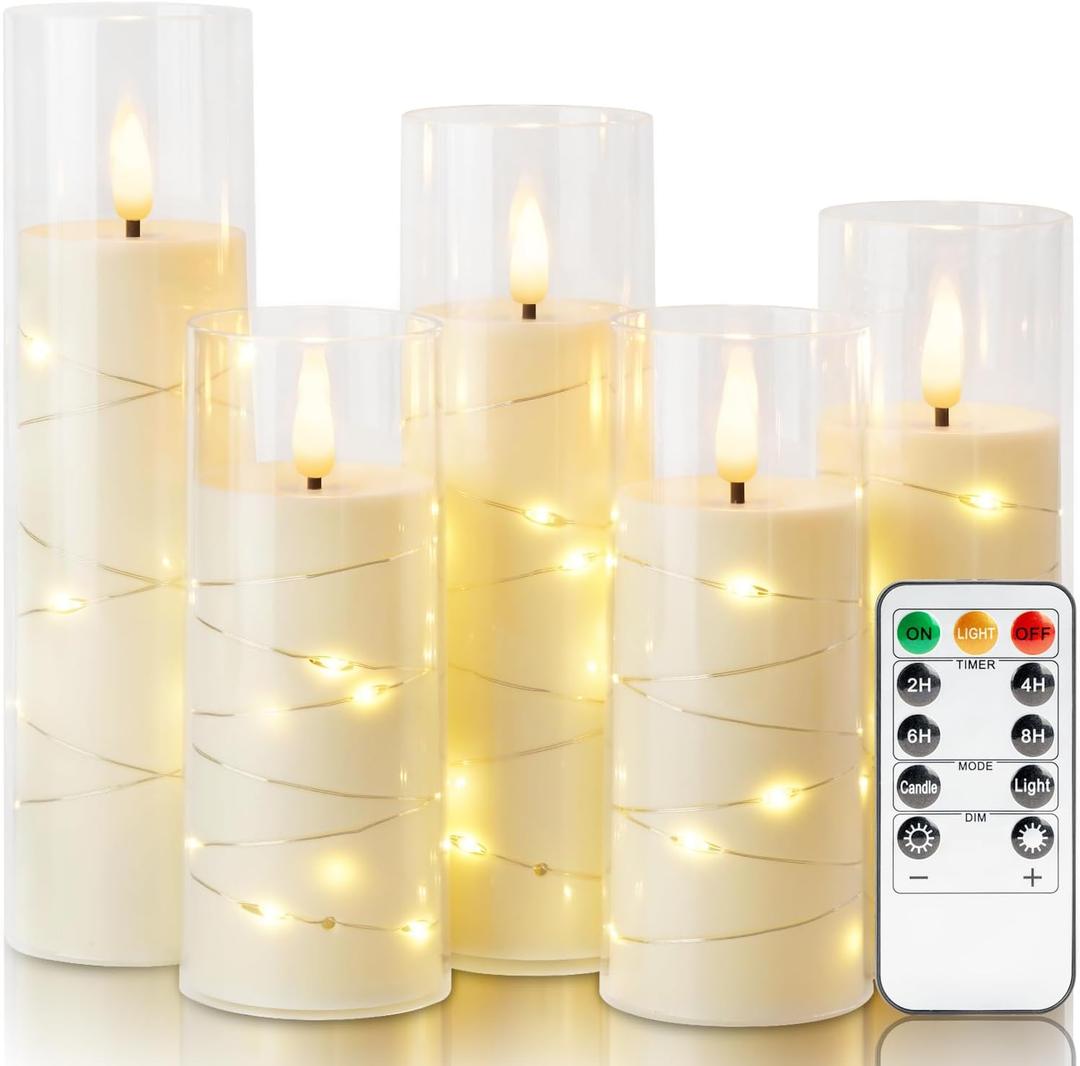 Homemory Ivory Flameless LED Candles with Remote Control & Timer, Battery Operated Star Lights, Fake Candles, Star Lights Set of 5 for Wedding Decor (5pcs, D2.2"x H5"5"6"7"8")