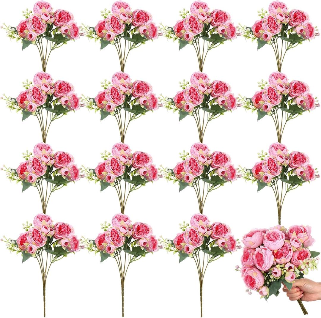 Crowye 16 Bundles Pink Fake Flowers Artificial Peonies Realistic Faux Flowers Wedding Bouquet Fake Silk Peony for Table Centerpieces Wedding Decoration Bridal Floral Arrangement(Dark Pink)