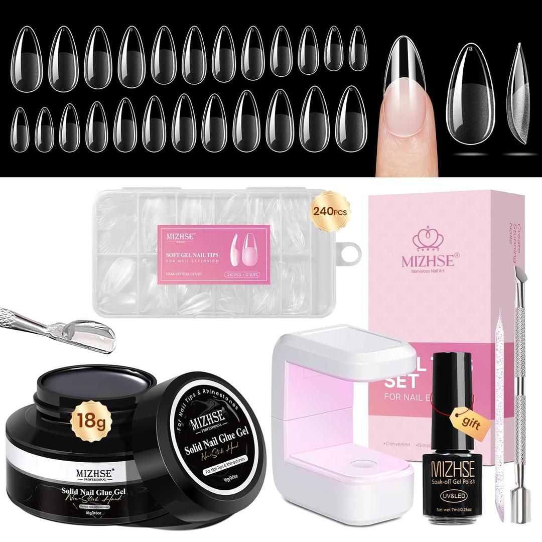 MIZHSE Gel Nail Kit Short Almond Gels Nail Tips, Solid Nails Glue Gel for Press On Nails with Portable U V Lamp 240Pcs 12 Sizes Half Matte Nail Tips Extension U V LED Gift for Women